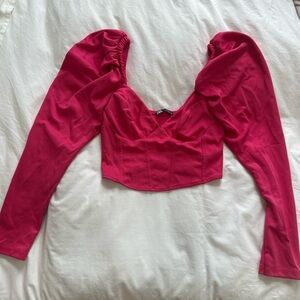 Pink Women's Long Sleeve Puffy Sleeve Crop Top